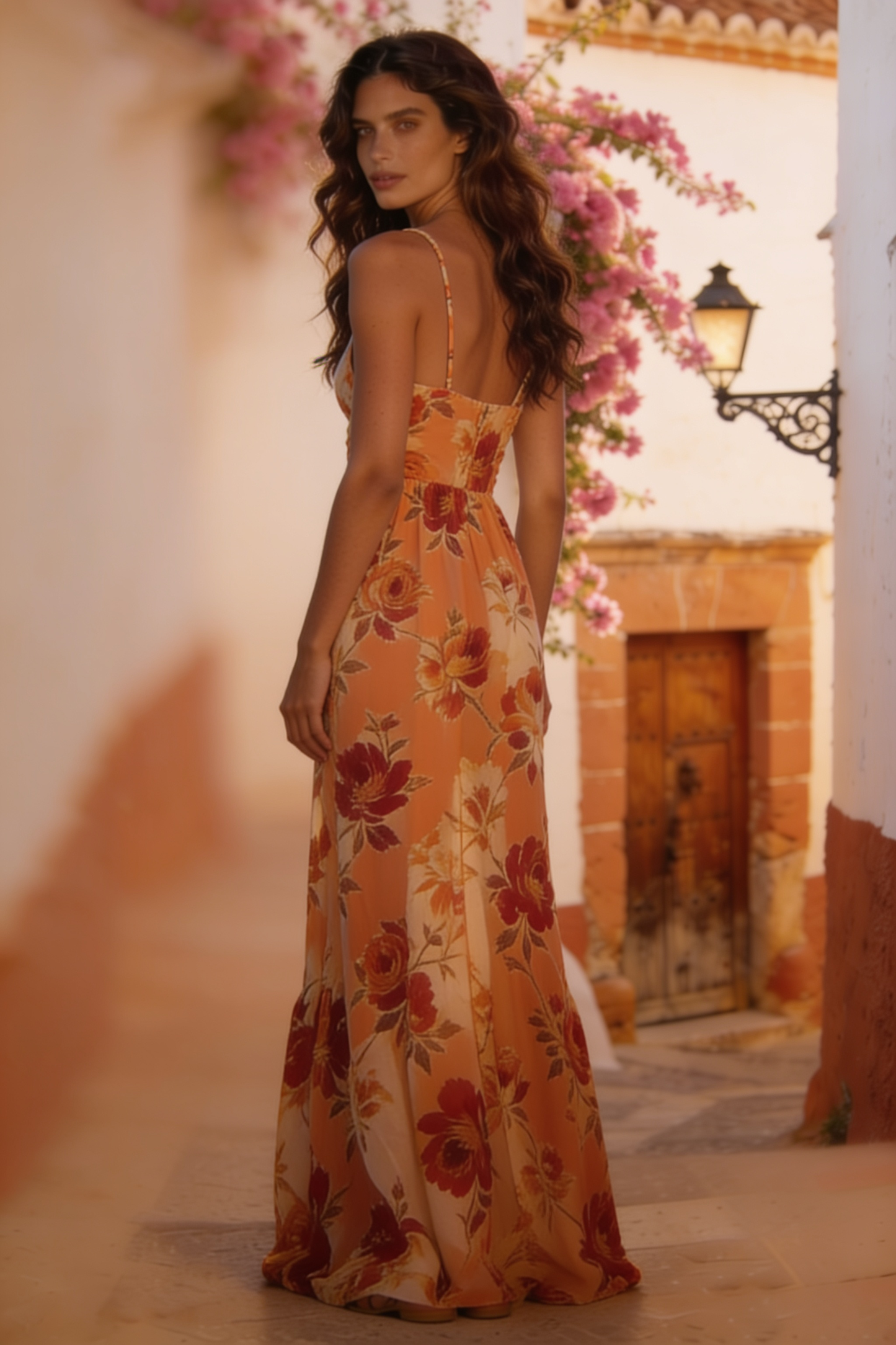 Fortan Carmen floral maxi dress with thin straps, flowing fabric, and a vibrant floral pattern for elegant summer wear.