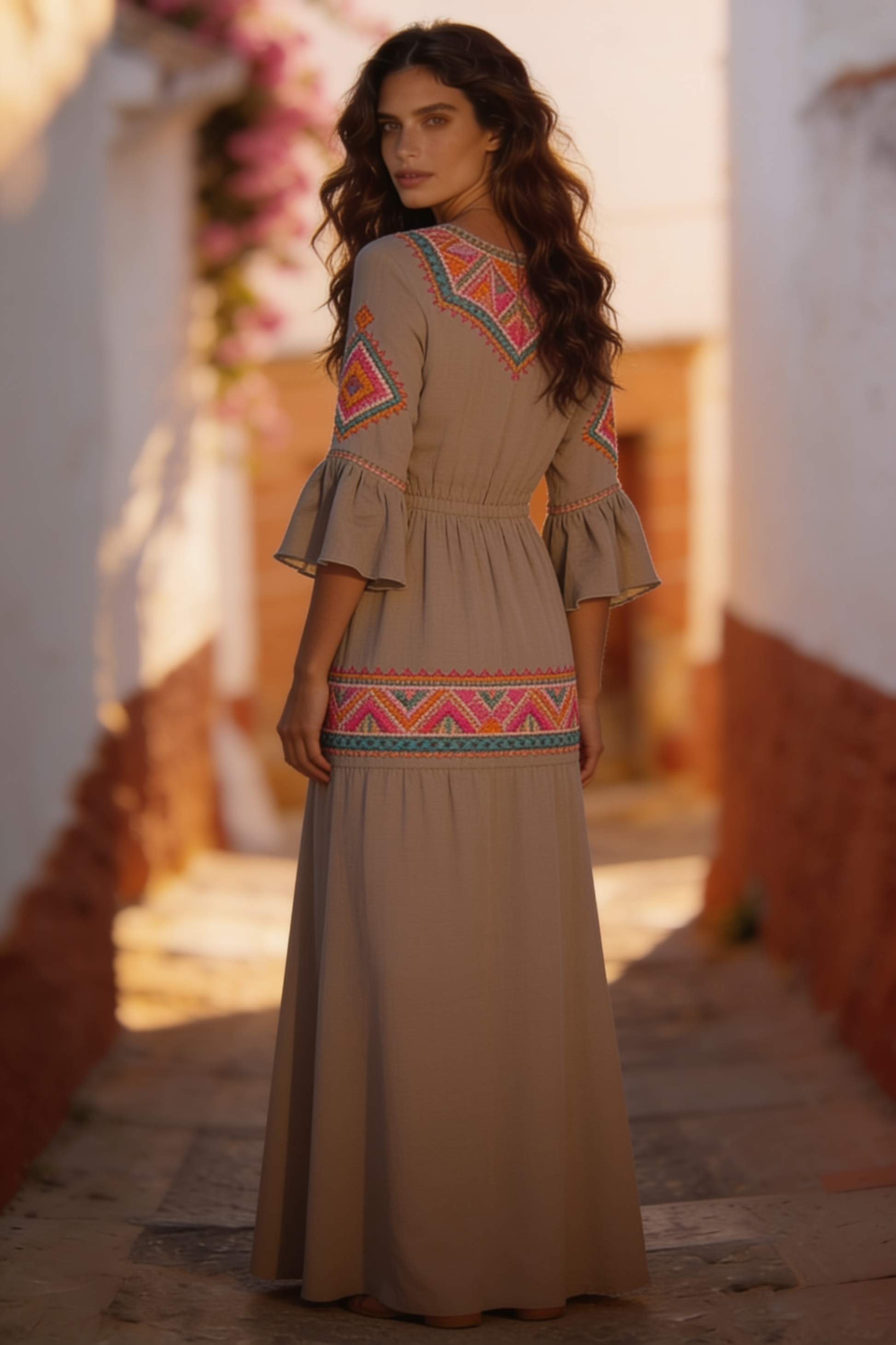 Multicolor Boho dress with bell sleeves by Fortan, featuring flowing fabric and vibrant patterns, perfect for casual and summer wear.