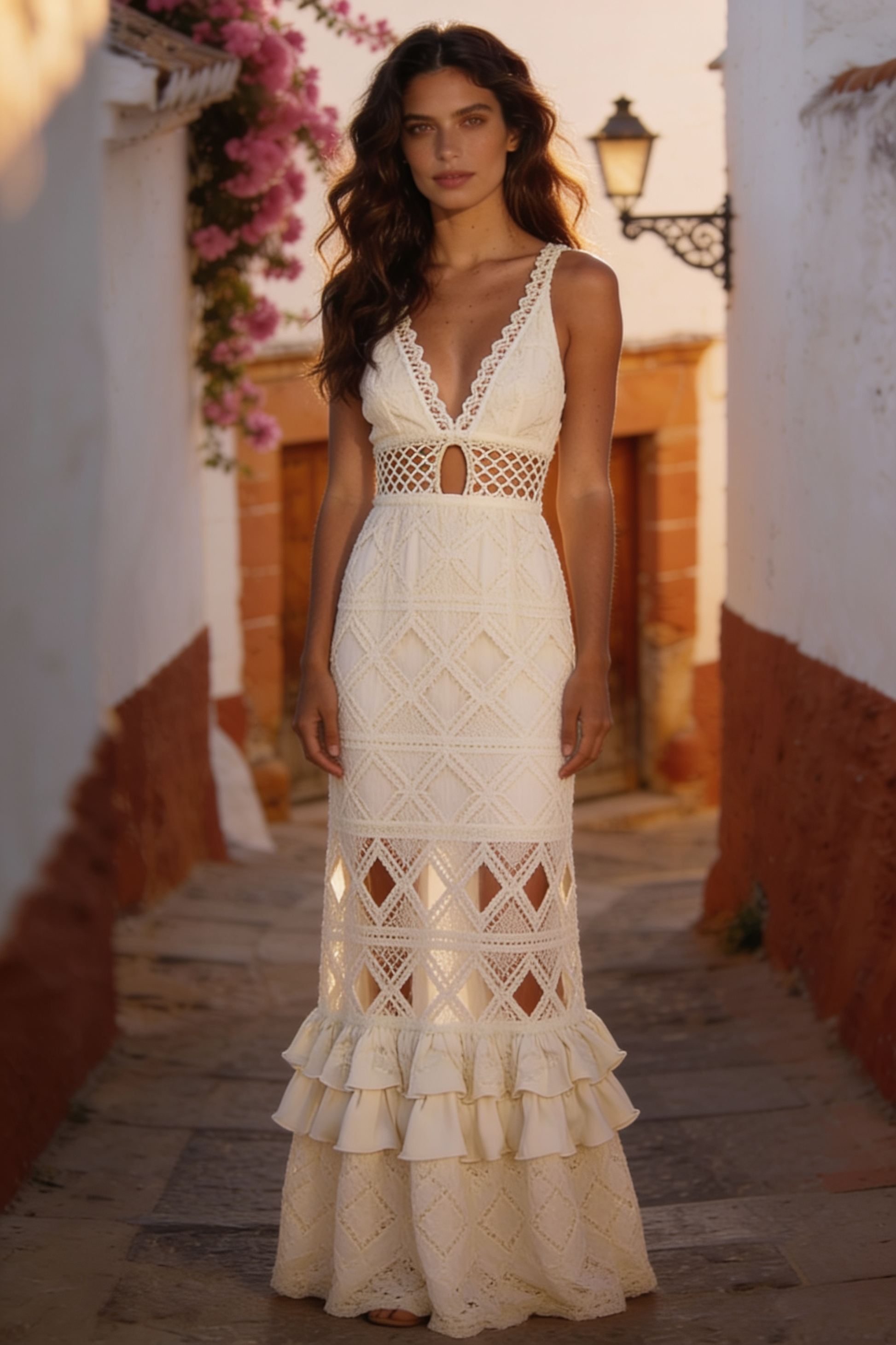Fortan Avaree long lace dress with V-neckline, elegant sleeveless design, perfect for formal occasions or evening wear.