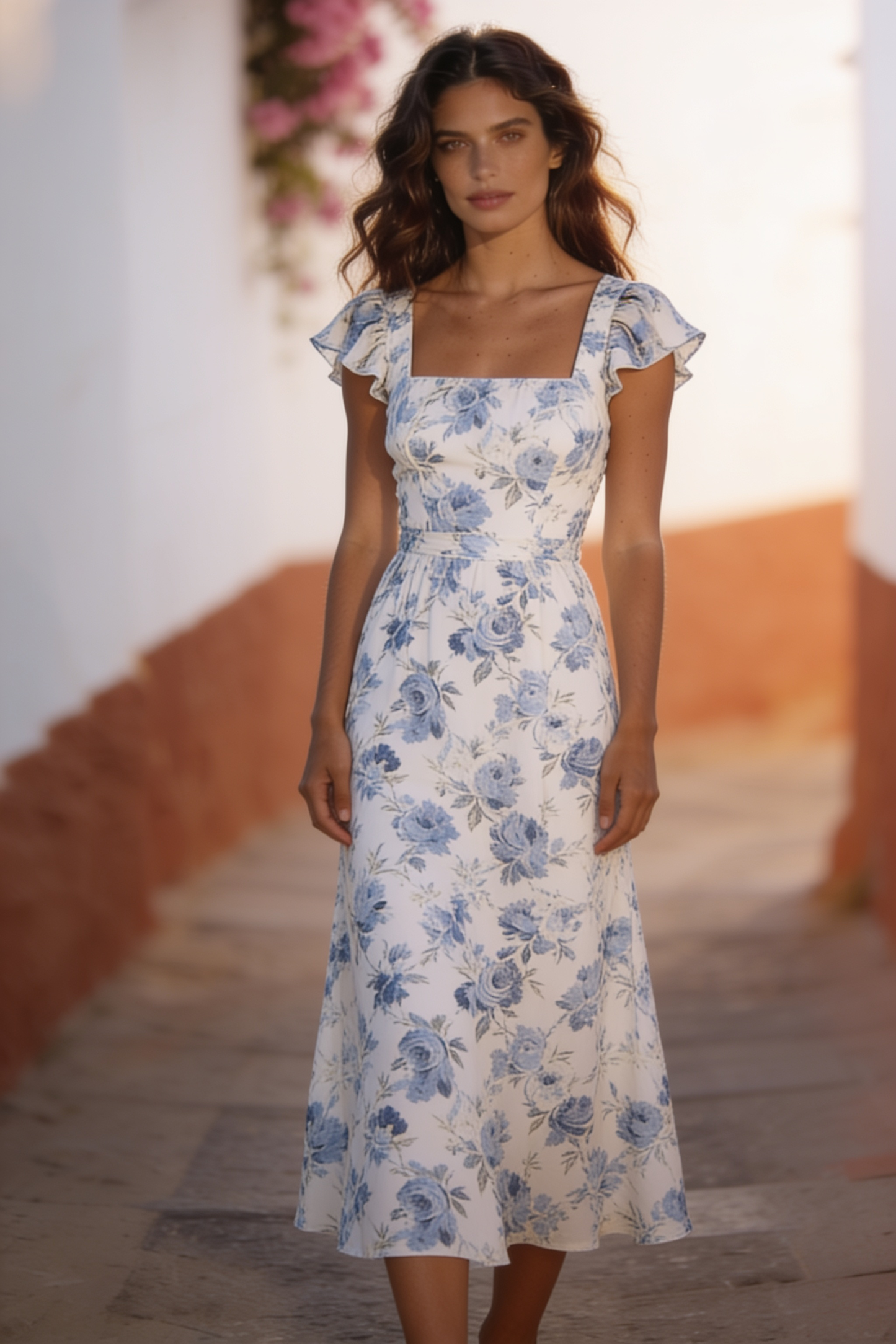 Floral midi dress with short sleeves from Fortan’s Lucía collection, featuring a stylish and comfortable design.