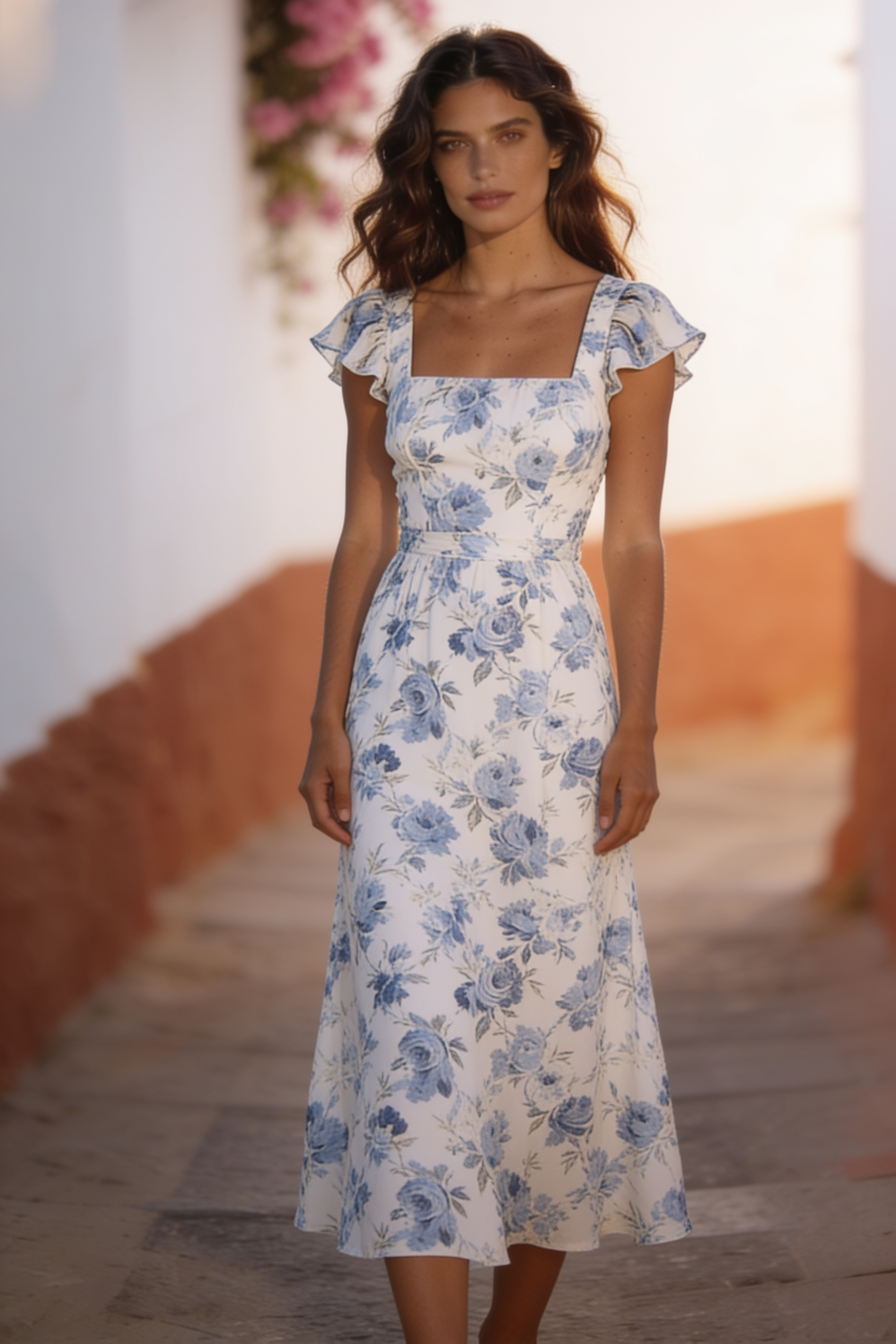 Floral midi dress with short sleeves from Fortan’s Lucía collection, featuring a stylish and comfortable design.