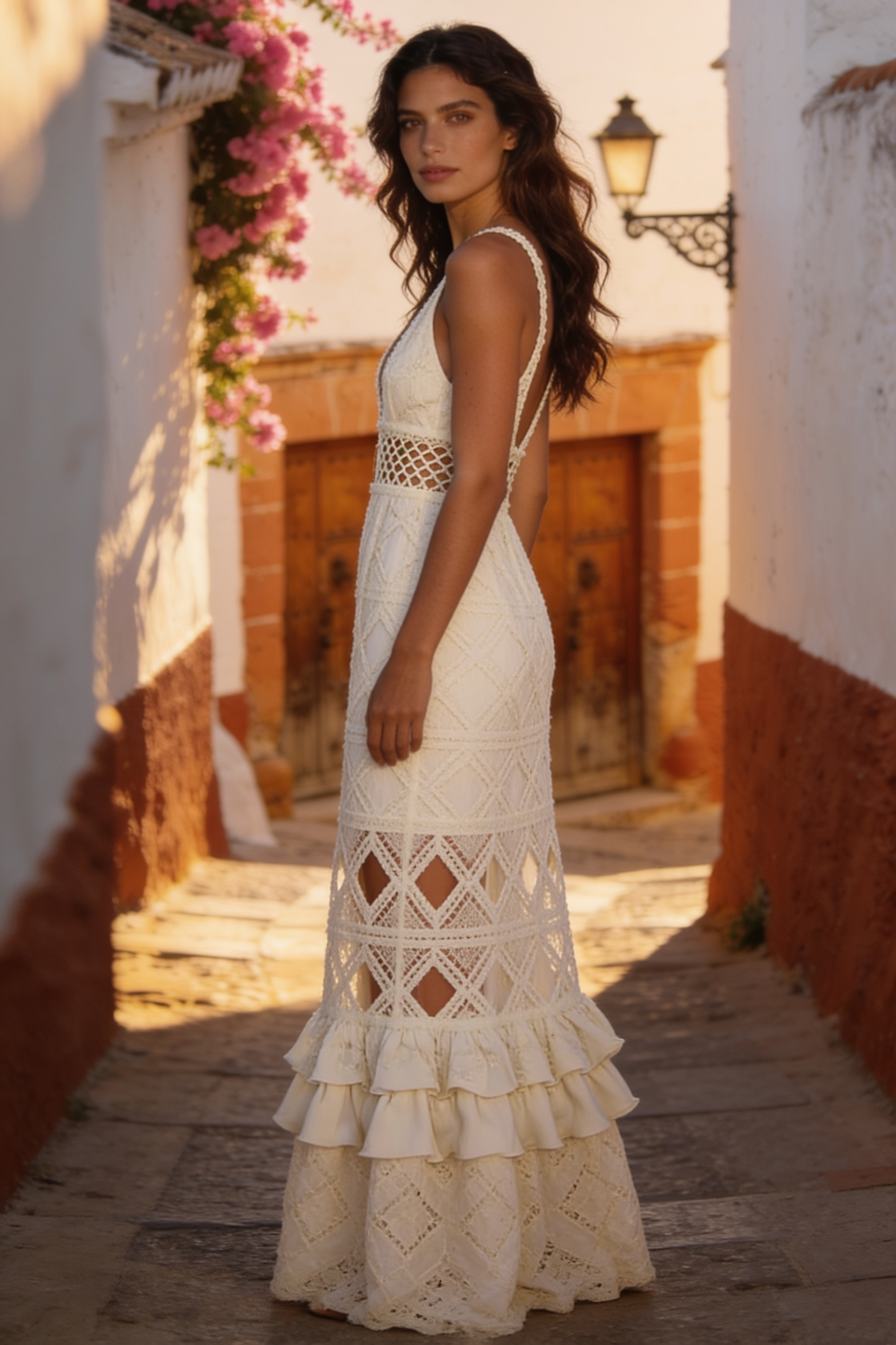 Elegant dark lace maxi dress with V-neckline from Fortan's Avaree collection, featuring intricate lace details and flowing fabric.