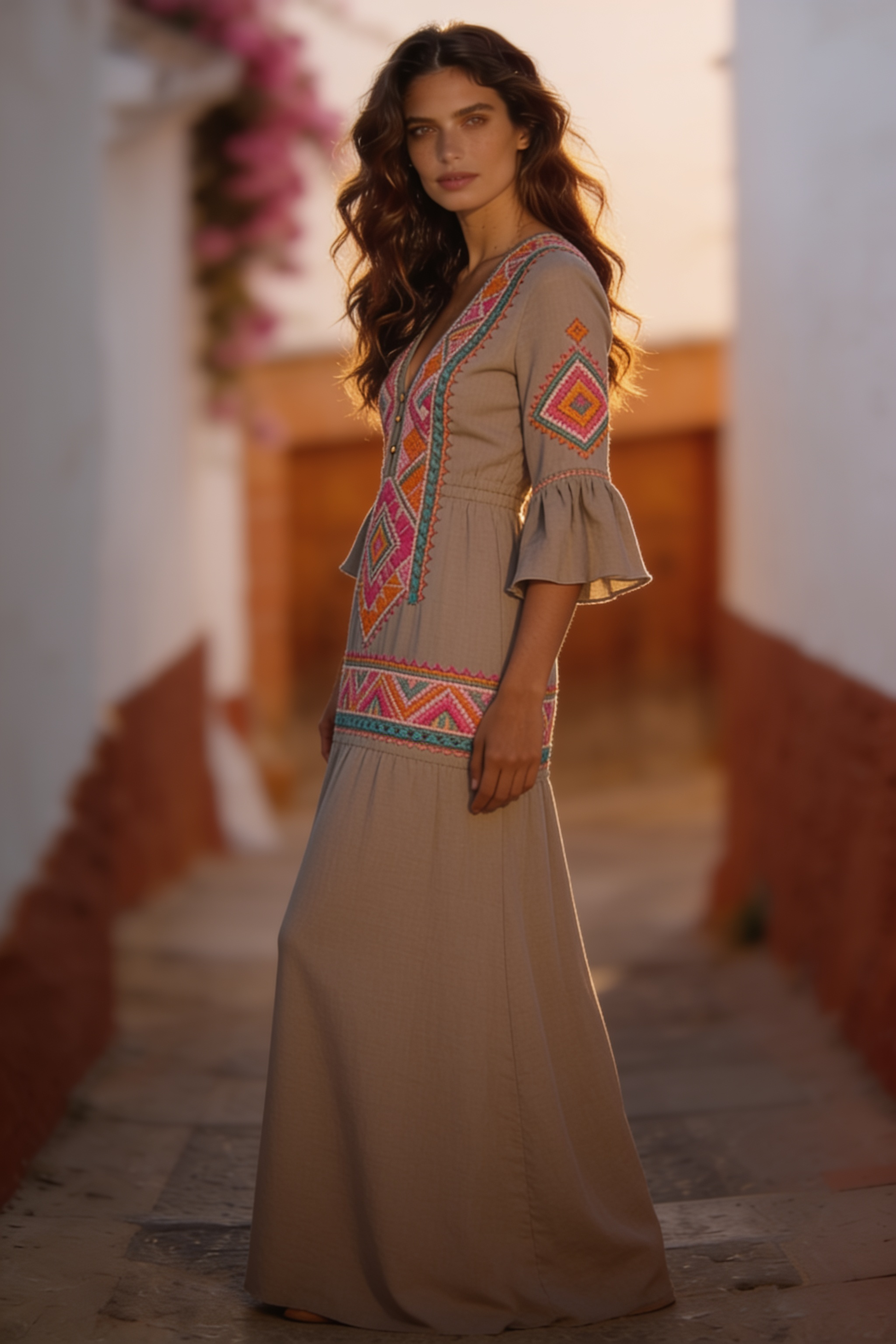 Multicolor boho dress with bell sleeves from Fortan's Elowen collection, flowing fabric and vibrant pattern, casual and stylish.